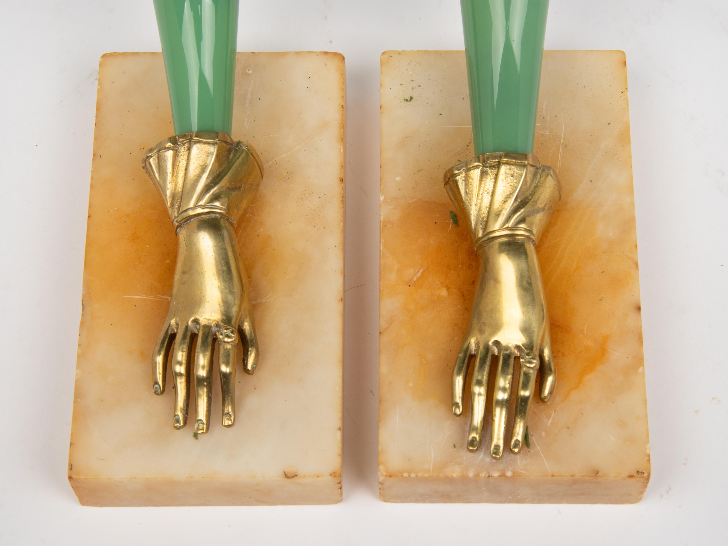 Three Pairs of Continental Gilt Metal Mounted Glass Rhyton Vases
