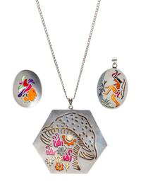 A Collection of Sterling Silver and Feather Pluma Azteca Jewelry, Janna Thomas and Los Castillo, 92.30 dwts.