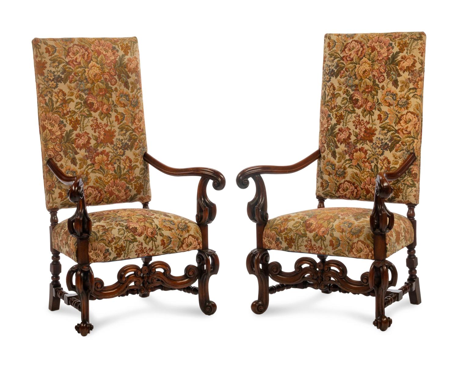 A Pair of Continental Baroque Style Walnut Armchairs