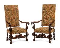 A Pair of Continental Baroque Style Walnut Armchairs