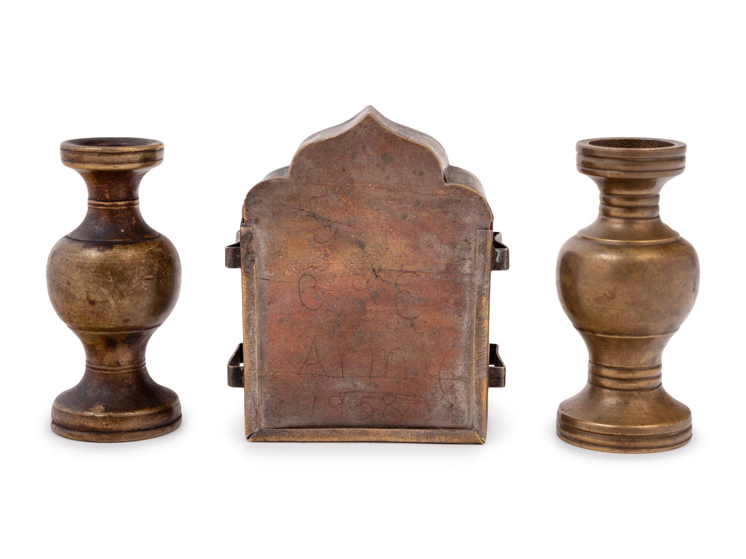 A Small Chinese Enamel on Metal Shrine and A Pair of Chinese Miniature Metal Vases