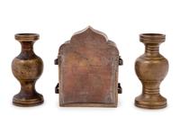 A Small Chinese Enamel on Metal Shrine and A Pair of Chinese Miniature Metal Vases