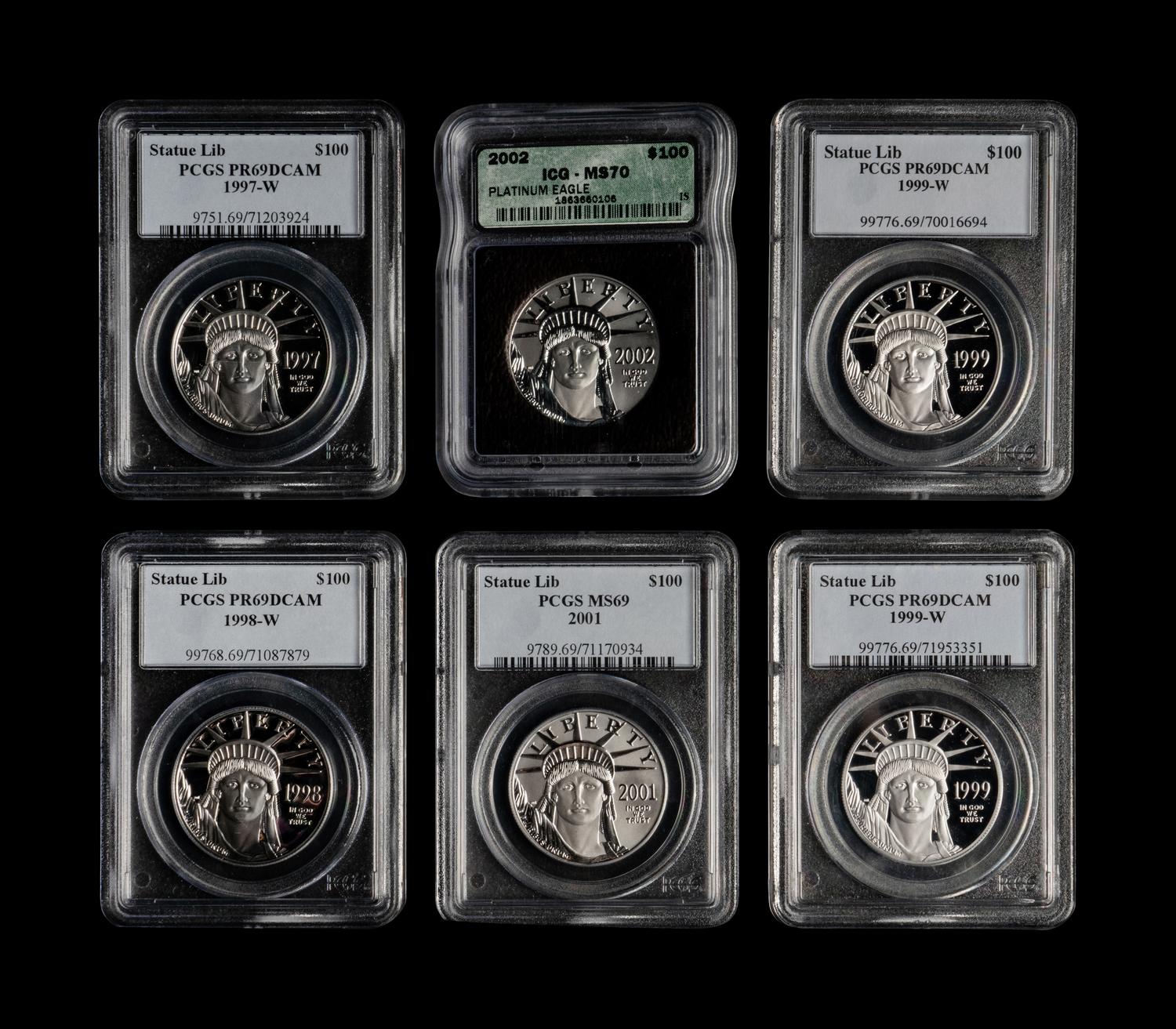 A Group of Six Statue of Liberty $100 1 oz. Platinum Proof and Mint Coins