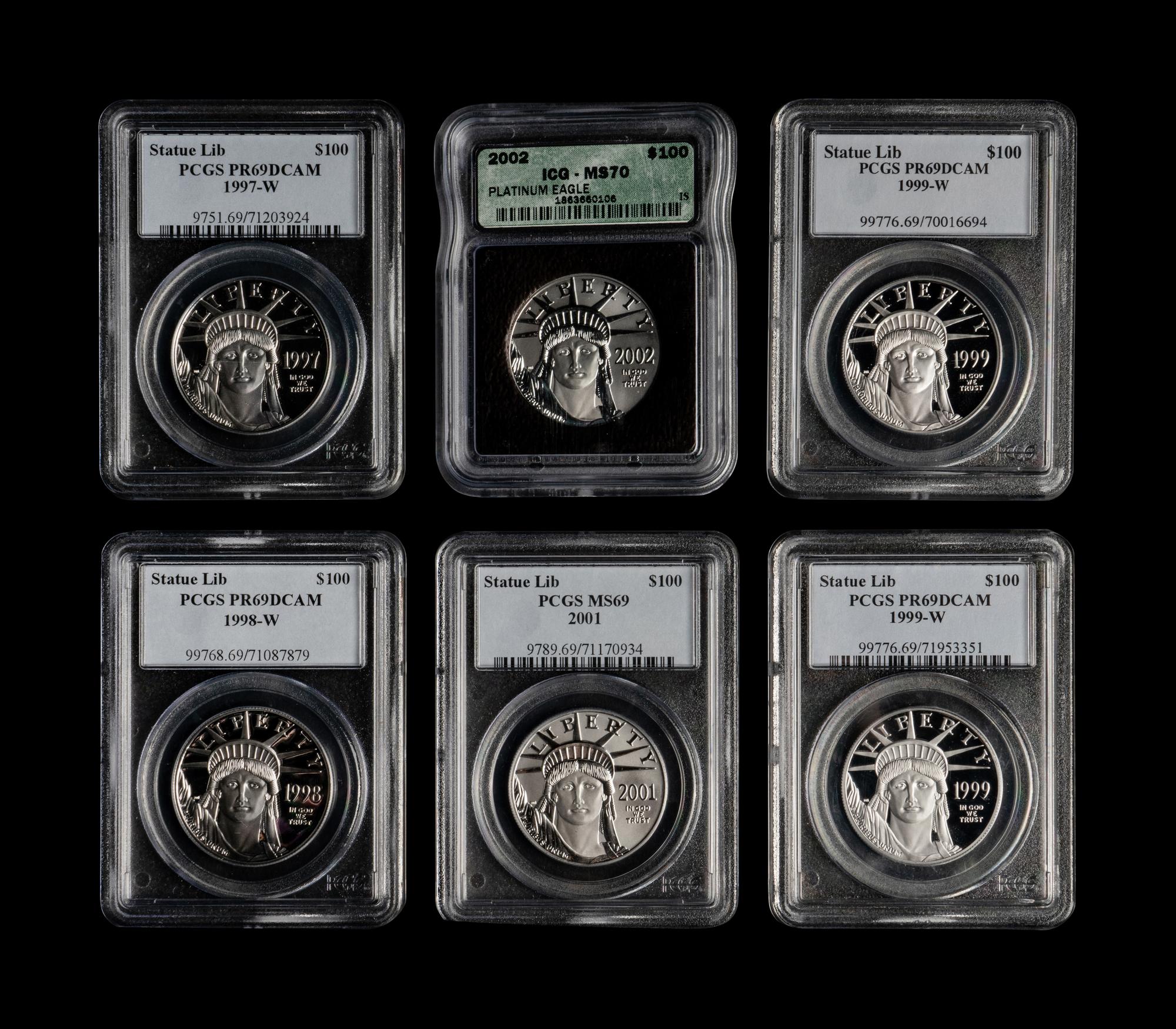 A Group of Six Statue of Liberty $100 1 oz. Platinum Proof and Mint Coins