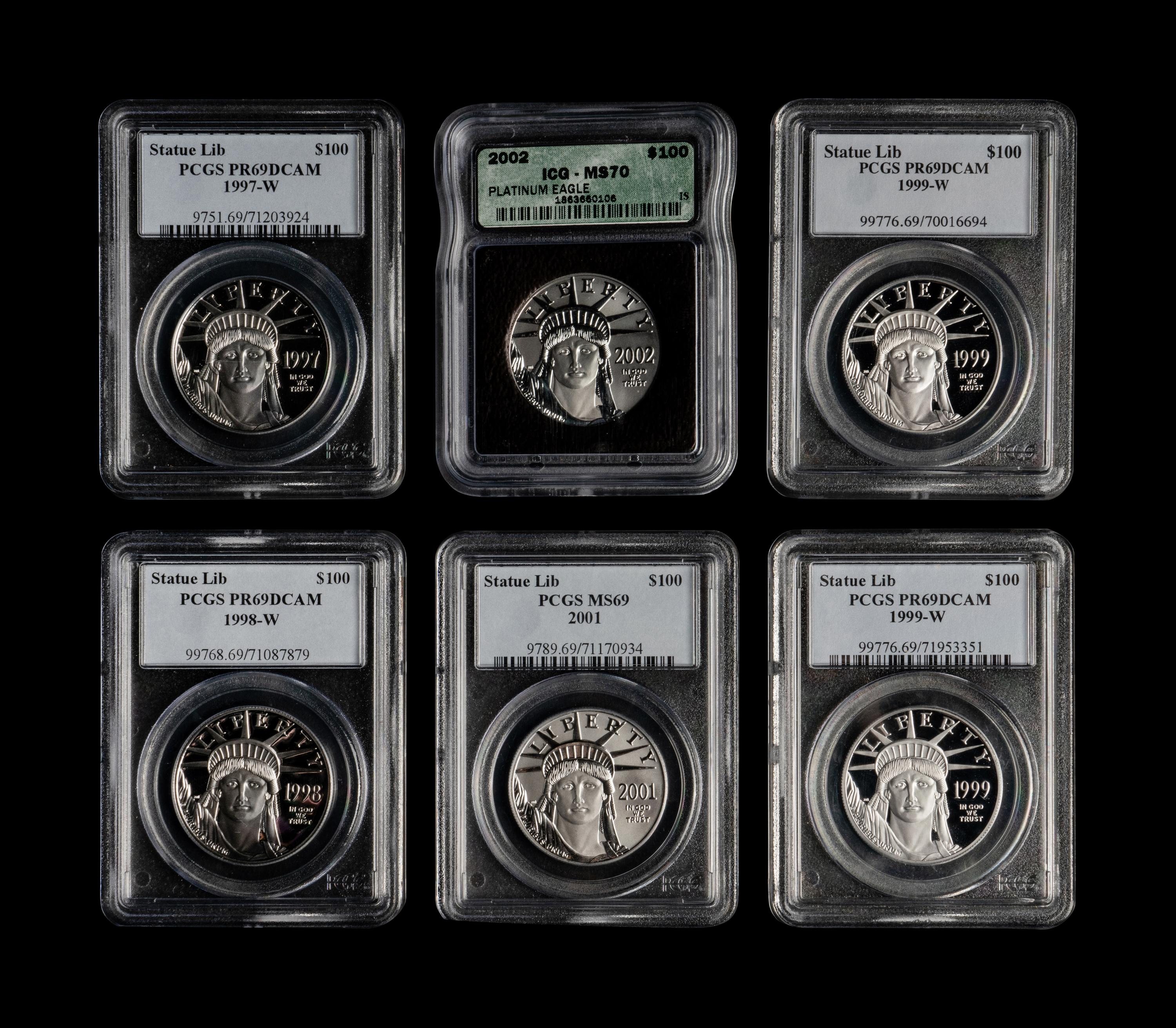 A Group of Six Statue of Liberty $100 1 oz. Platinum Proof and Mint Coins