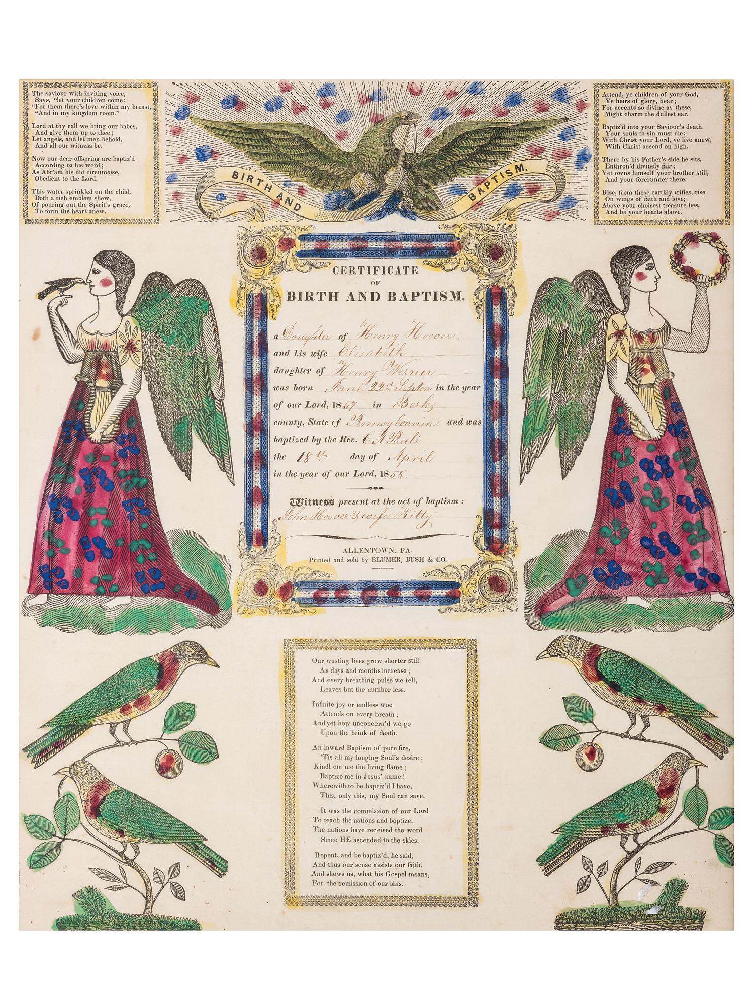 A Birth and Baptism Partially Printed and Watercolor Decorated Fraktur