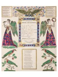 A Birth and Baptism Partially Printed and Watercolor Decorated Fraktur