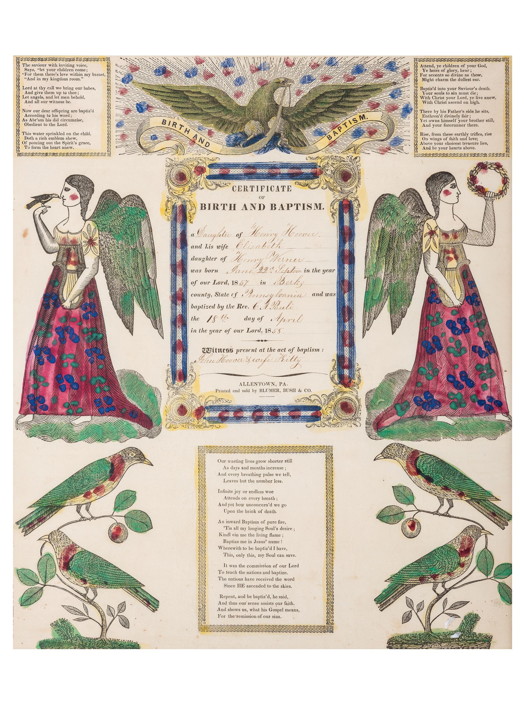 A Birth and Baptism Partially Printed and Watercolor Decorated Fraktur