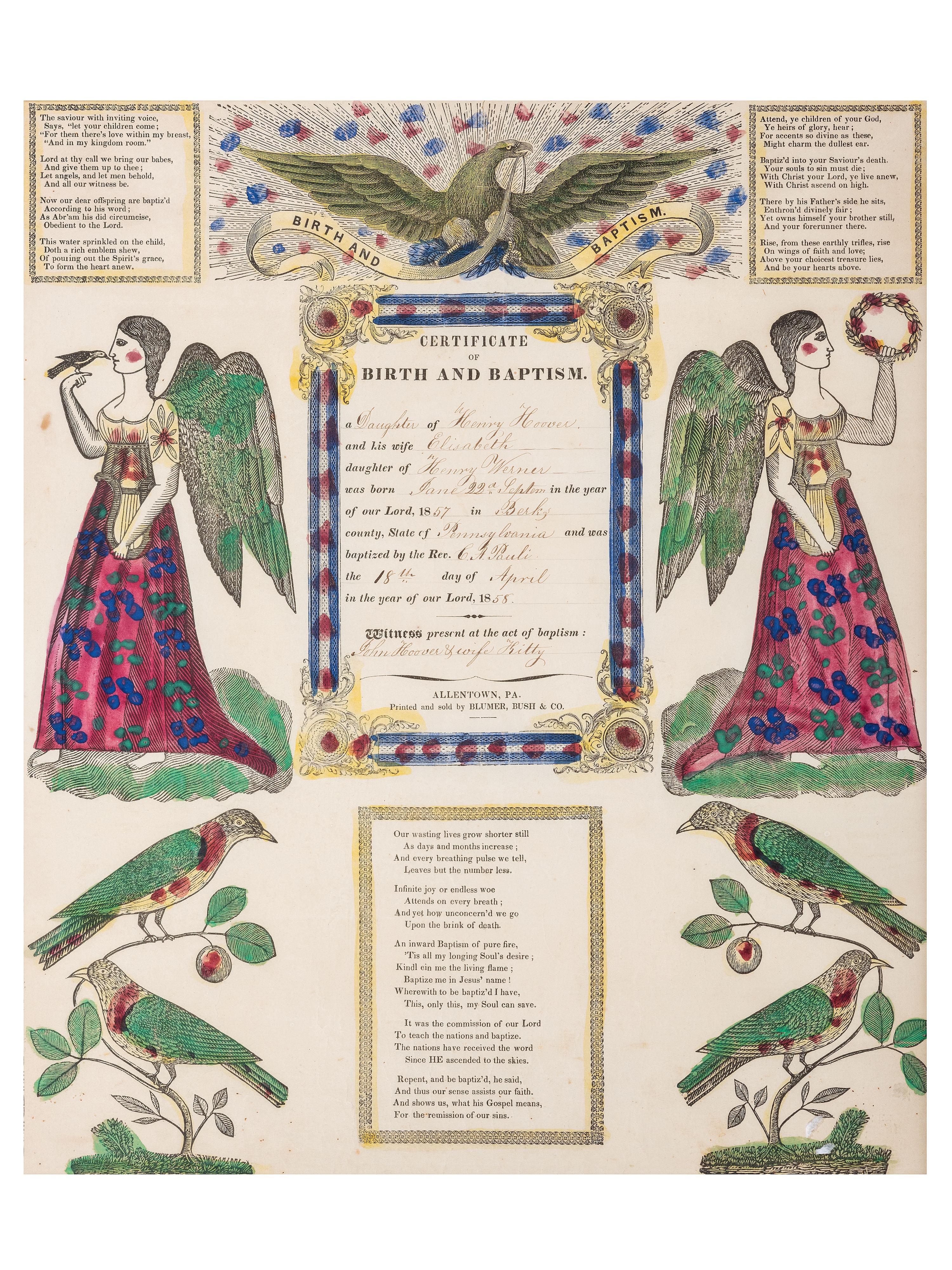 A Birth and Baptism Partially Printed and Watercolor Decorated Fraktur