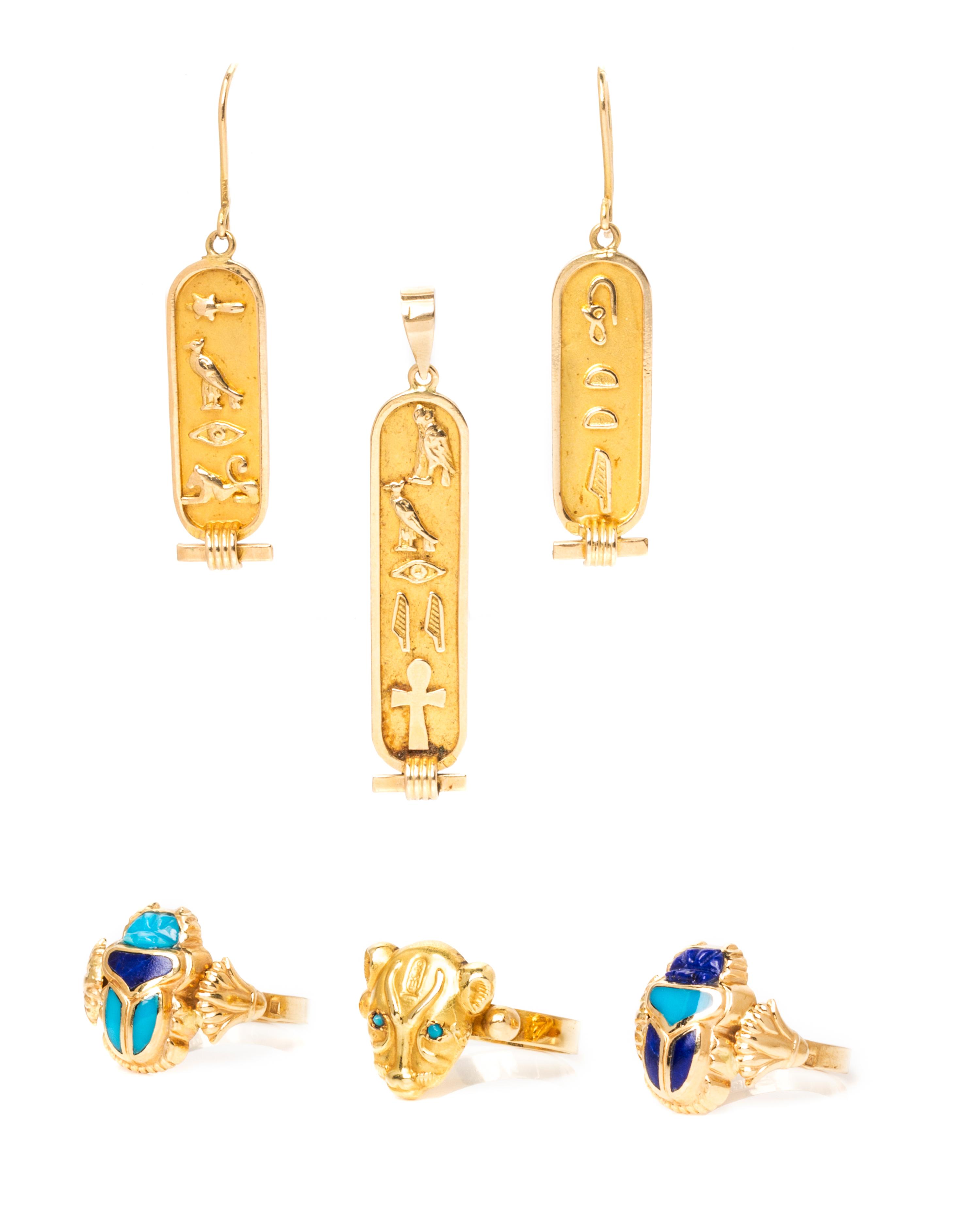 A Collection of Yellow Gold Egyptian Motif Jewelry, 15.80 dwts.