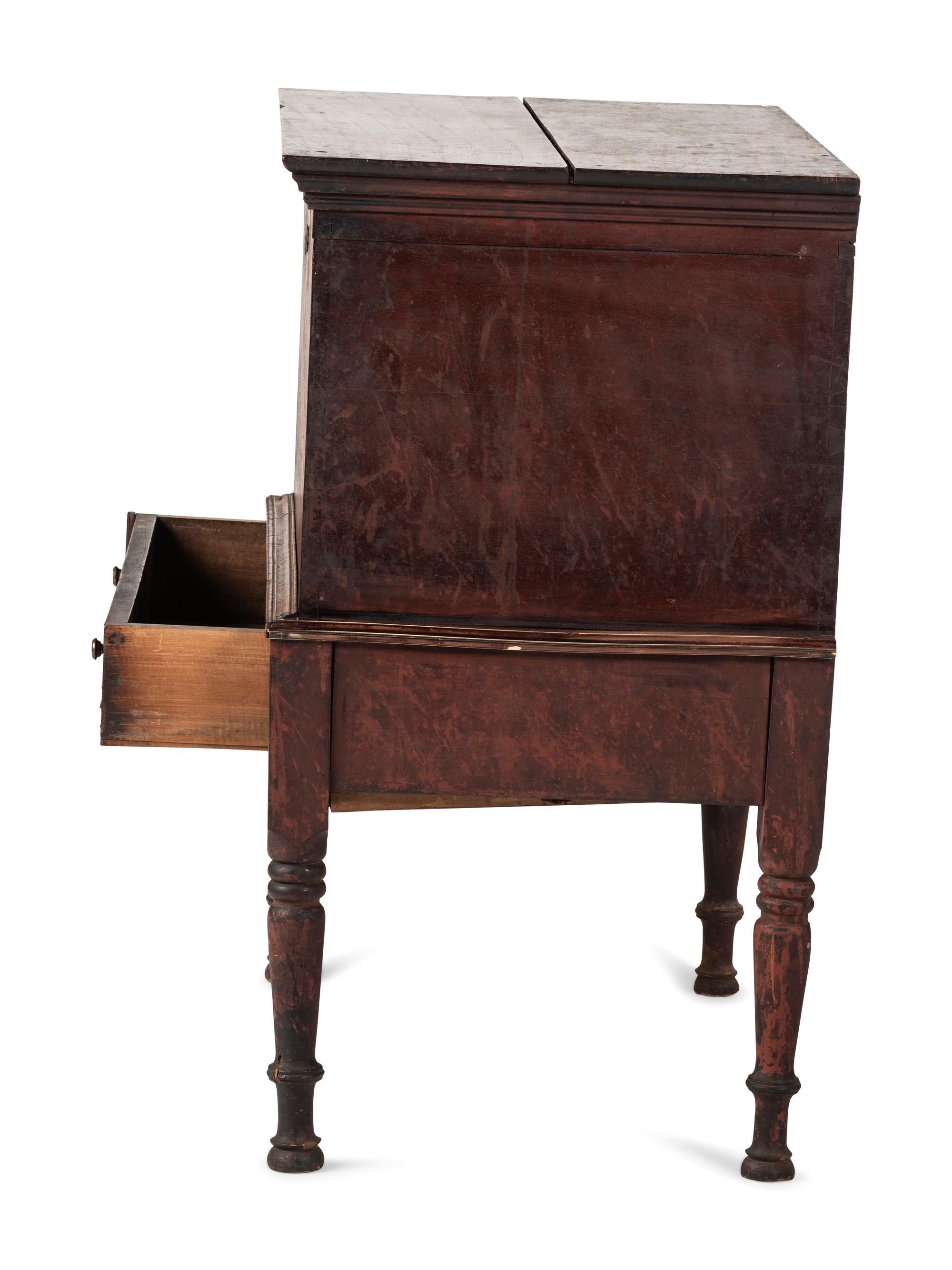 A Late Federal Red-Stained and Figured Mixed Woods Chest on Stand