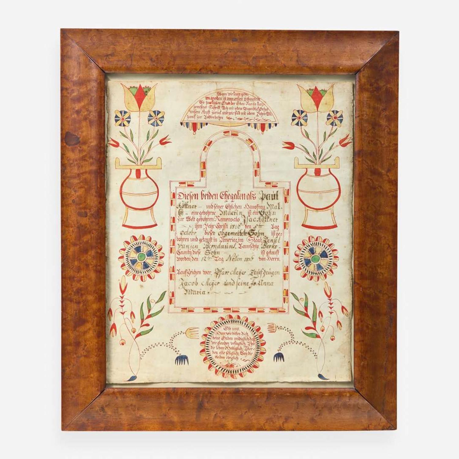 A Fraktur birth record for Issac Hoffner Berks County, PA