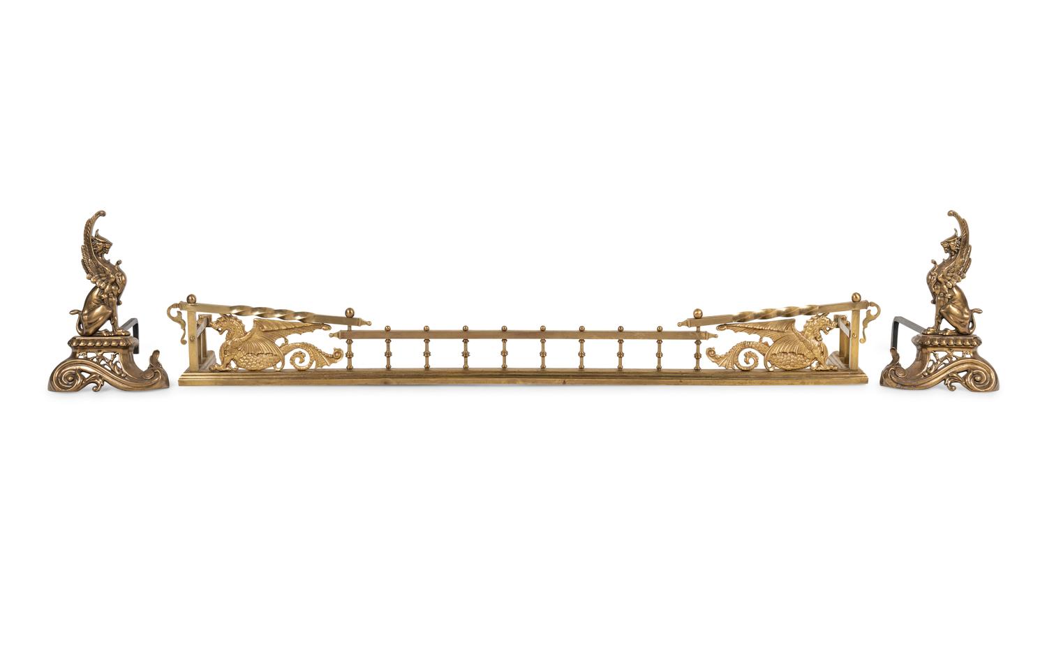 A Neoclassical Style Brass Fire Fender and Chenets with Griffins