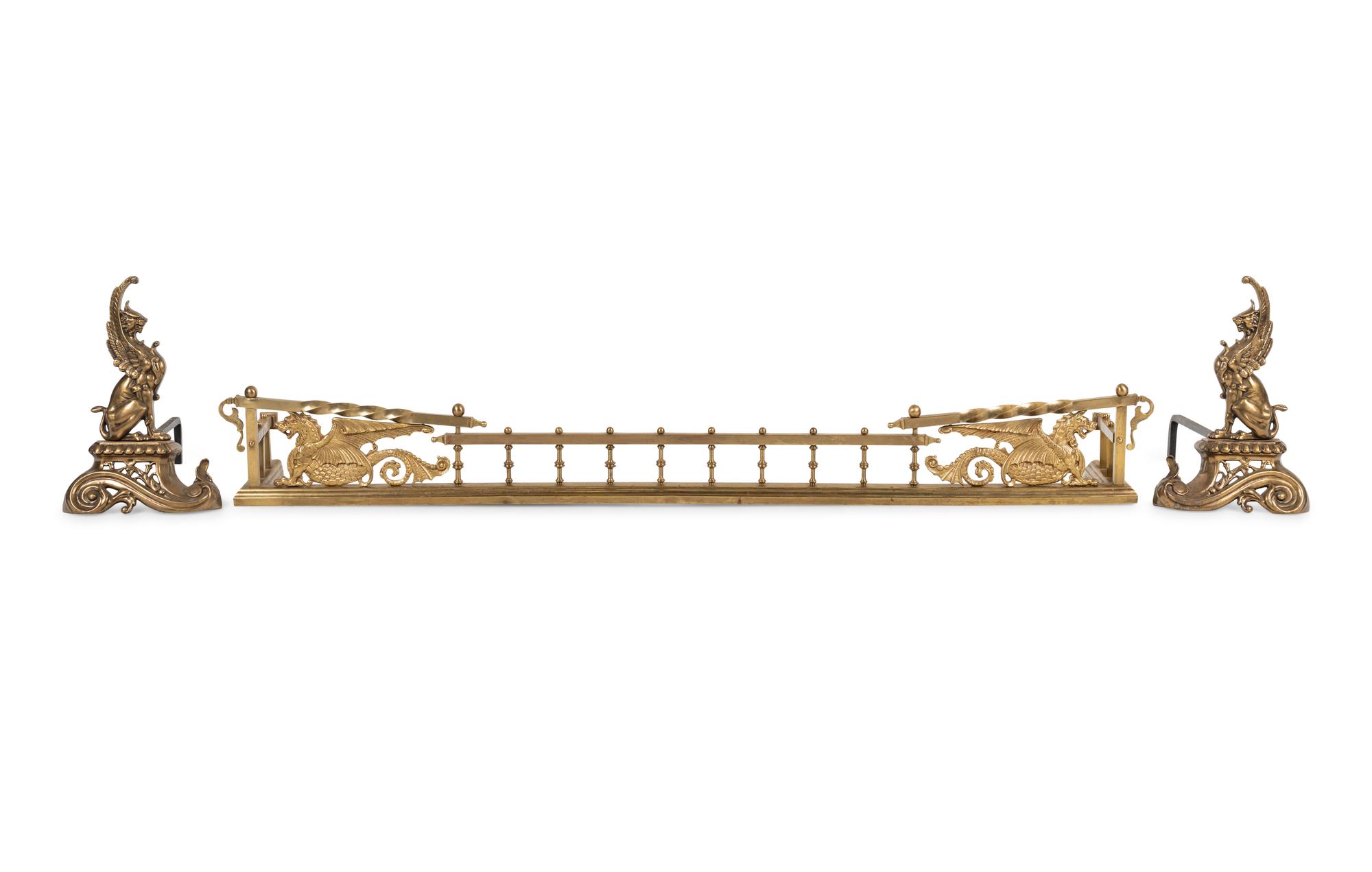 A Neoclassical Style Brass Fire Fender and Chenets with Griffins