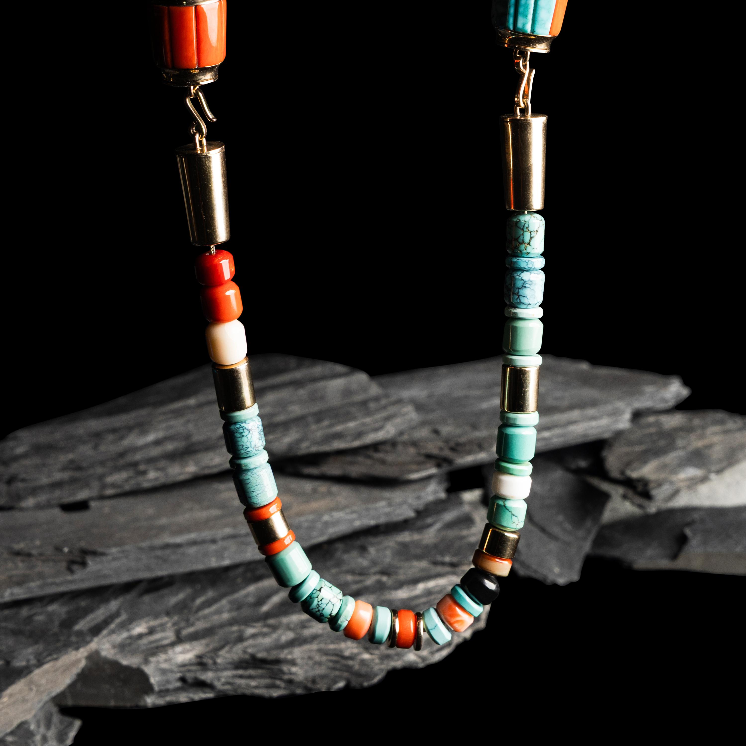 Victor Beck, Attributed (Diné, 1941-2022) — Multi-Strand Coral and Turquoise Necklace, with Yellow Gold Accents