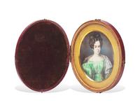 Spanish School 19th Century, A Portrait Miniature of A Young Lady in Green Checked Dress