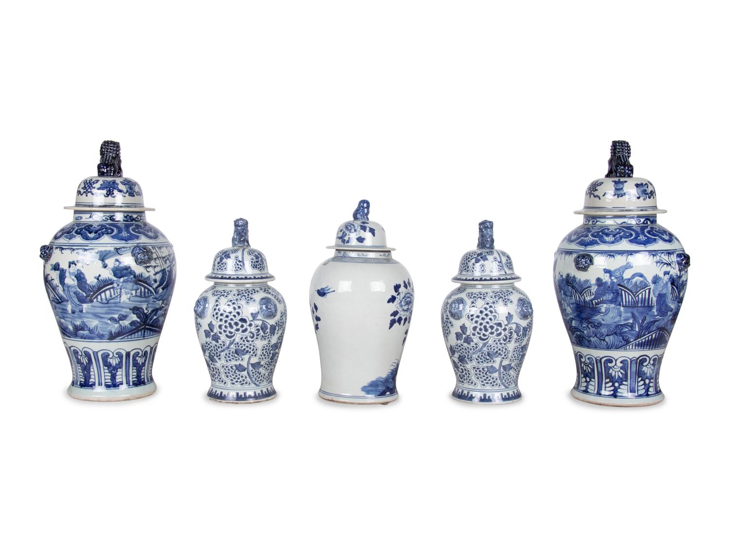 Five Blue and White Ceramic Covered Jars