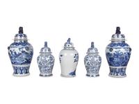 Five Blue and White Ceramic Covered Jars