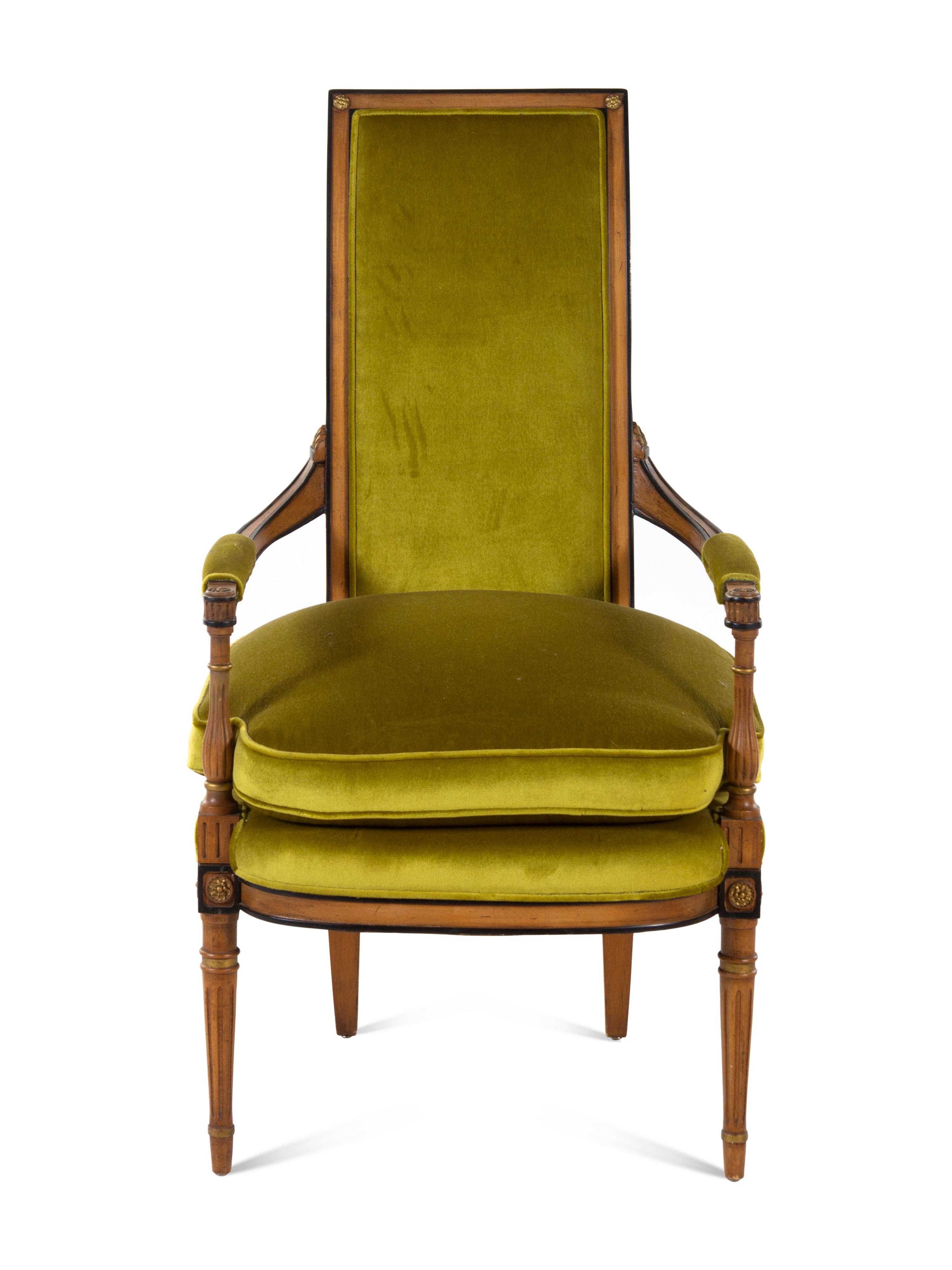 A Louis XVI Style Parcel Ebonized Walnut Fauteuil