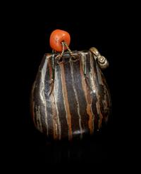 A Silver, Copper and Shakudo Kinchaku Pouch-Form Ojime