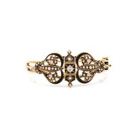 YELLOW GOLD, DIAMOND, SEED PEARL AND ENAMEL BANGLE BRACELET
