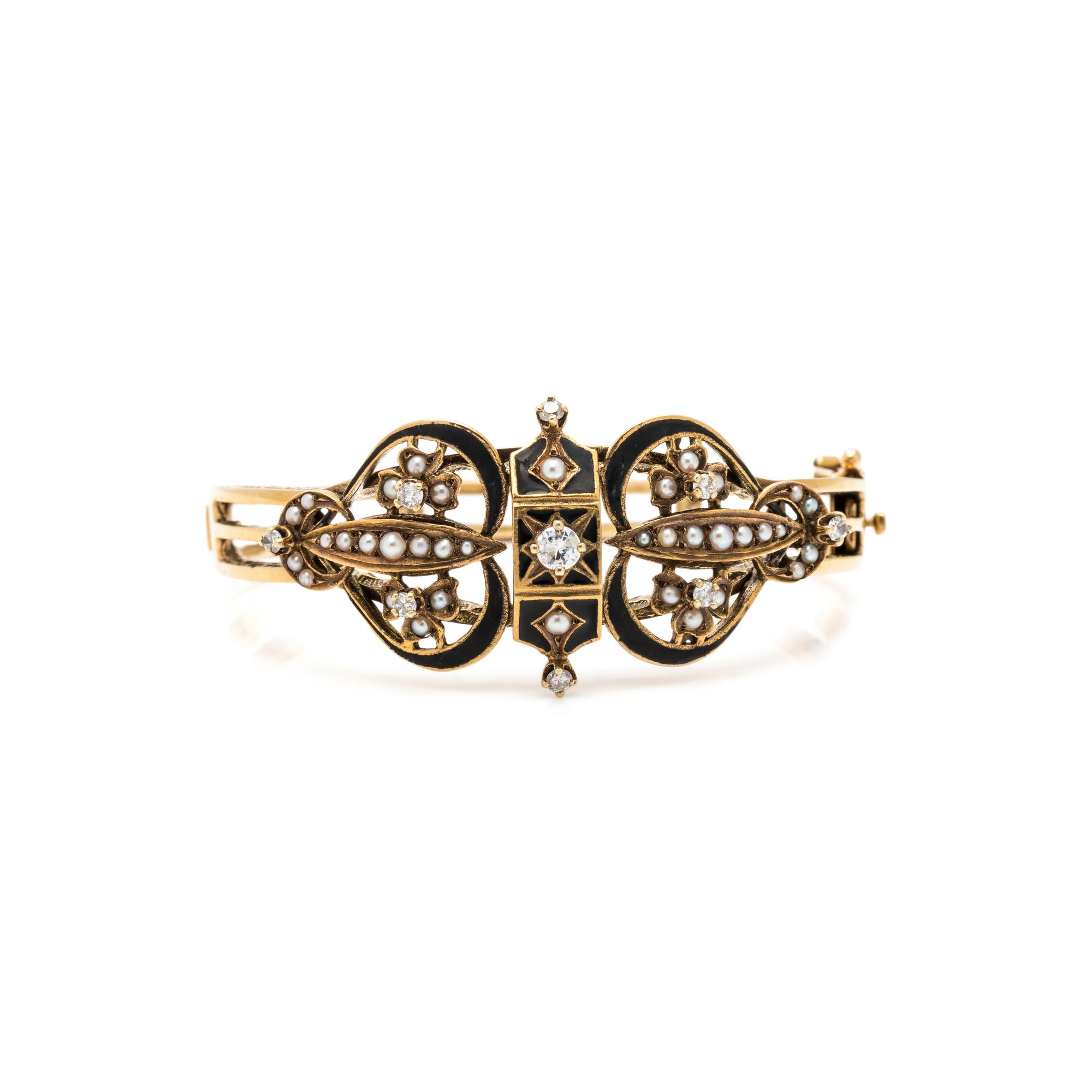 YELLOW GOLD, DIAMOND, SEED PEARL AND ENAMEL BANGLE BRACELET