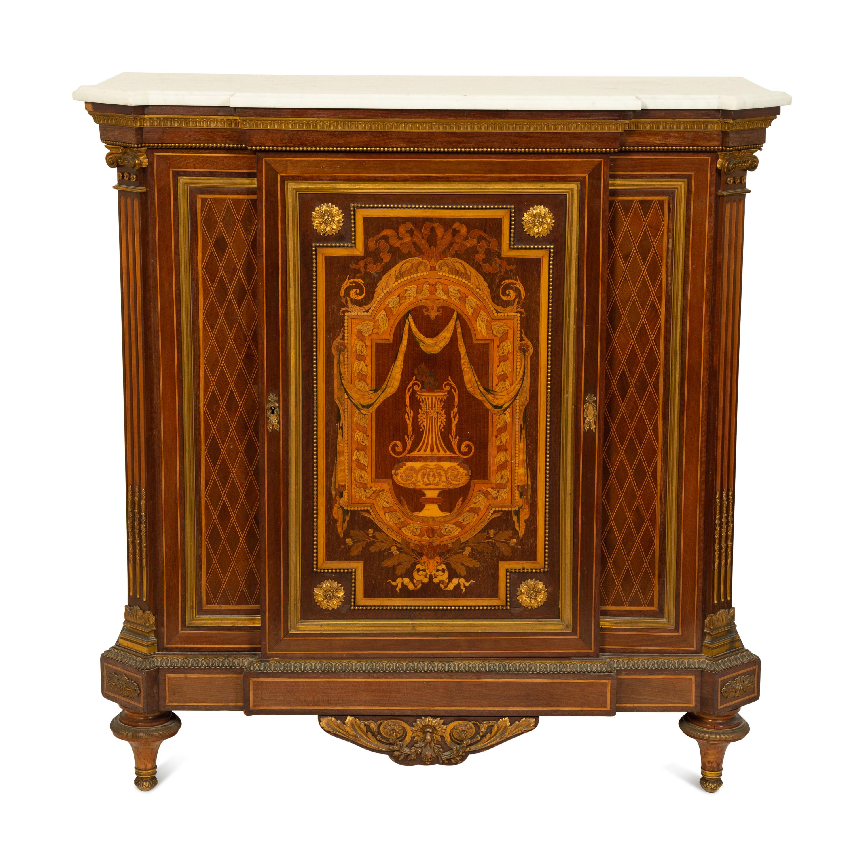A Near Pair of Napoleon III Marquetry Tulipwood Marble Top Side Cabinets — 19TH CENTURY
