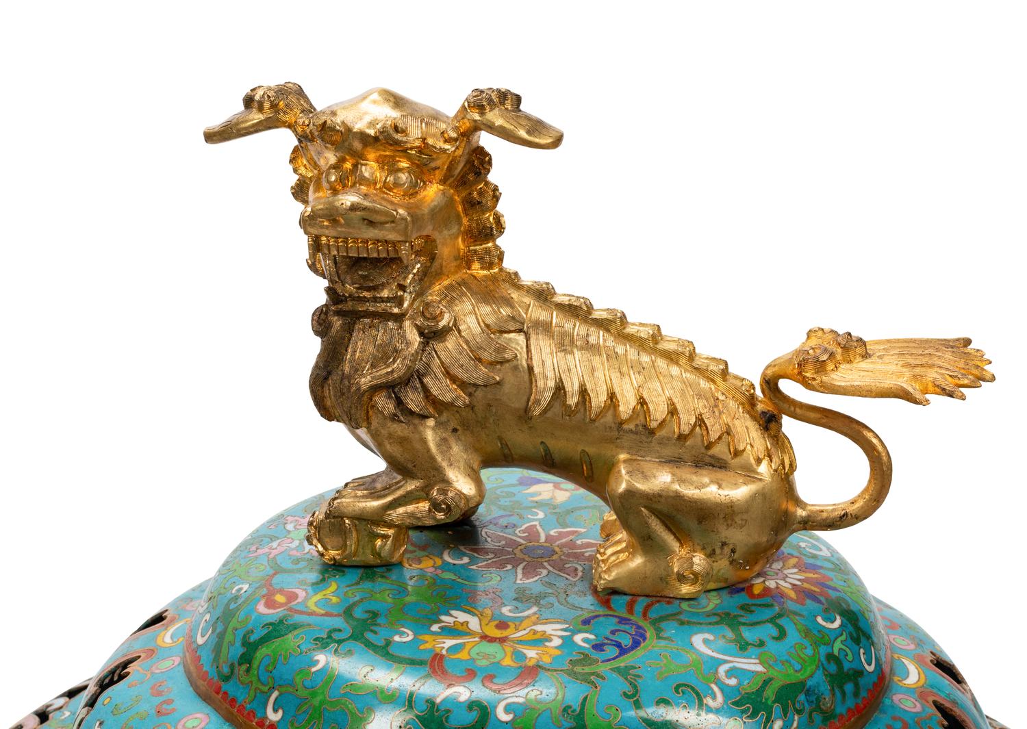 A Pair of Large Chinese Export Gilt Bronze and Cloisonné Censers on Wood Stands