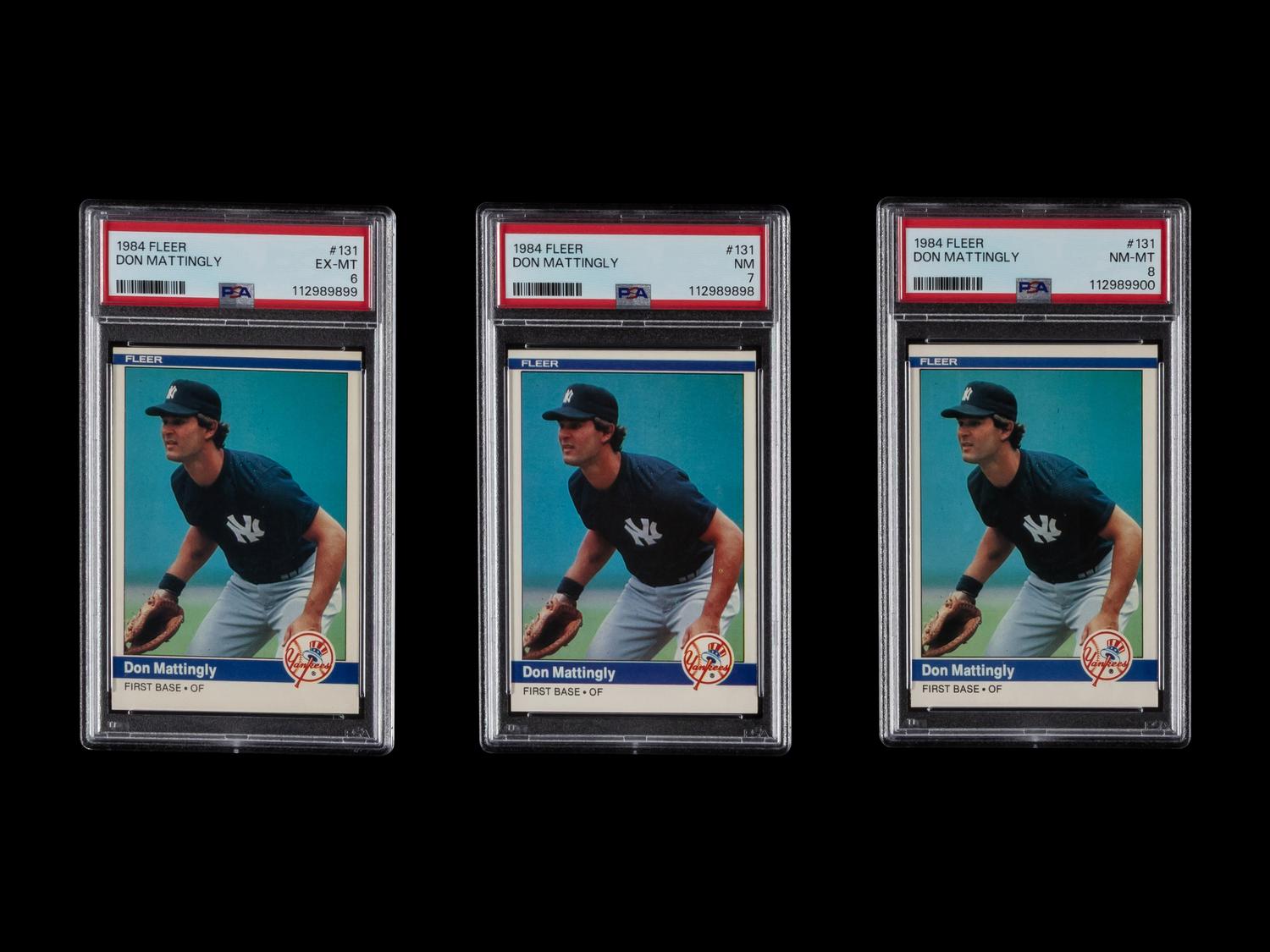 A Group of Three PSA Graded 1984 Fleer Don Mattingly Rookie Baseball Cards No. 131 (PSA 8; PSA 7; PSA 6)
