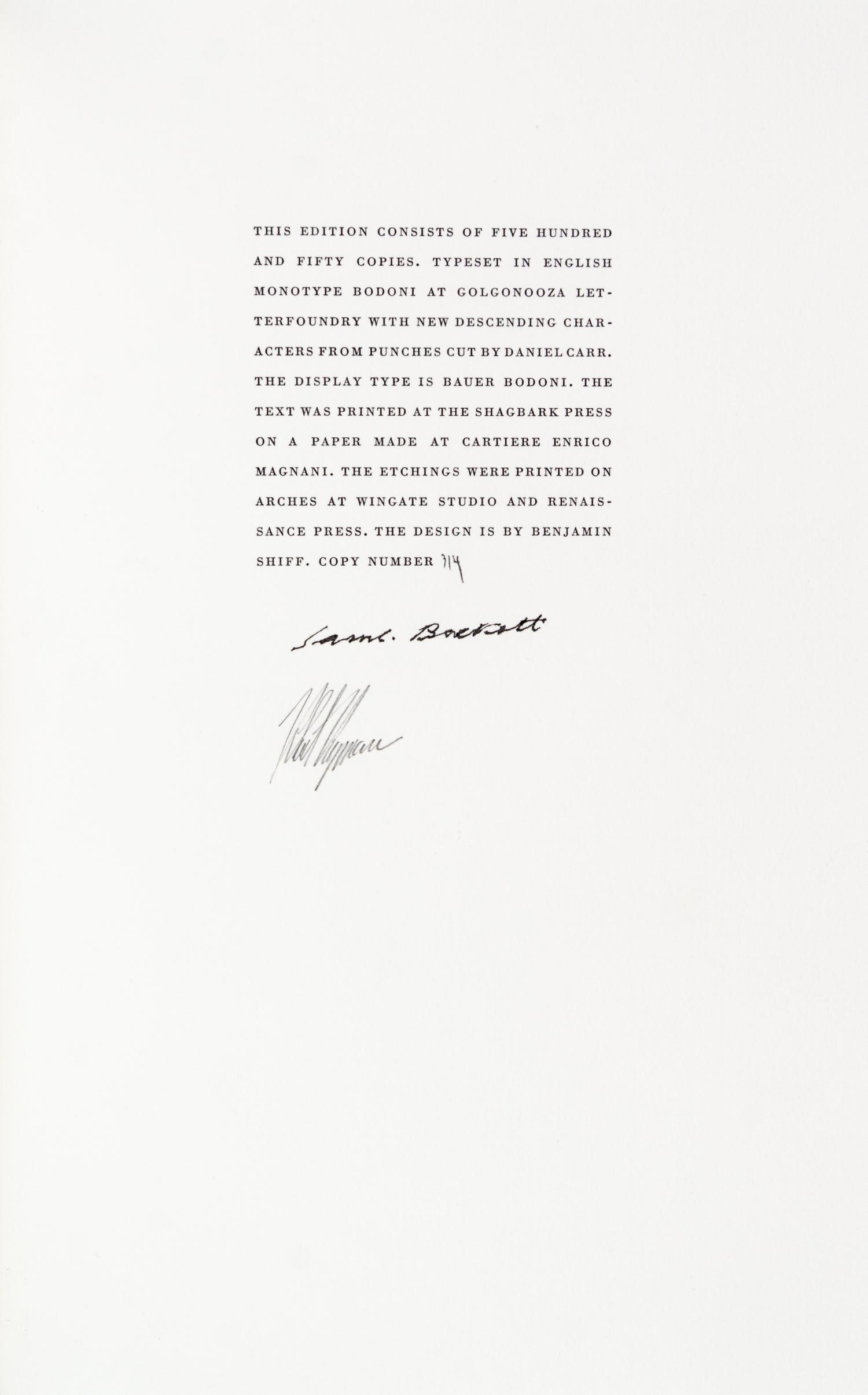 (LIMITED EDITIONS CLUB) BECKETT, SAMUEL. Nohow On. [NY], (1989). Number 314 of 550, signed by author and illustrator.