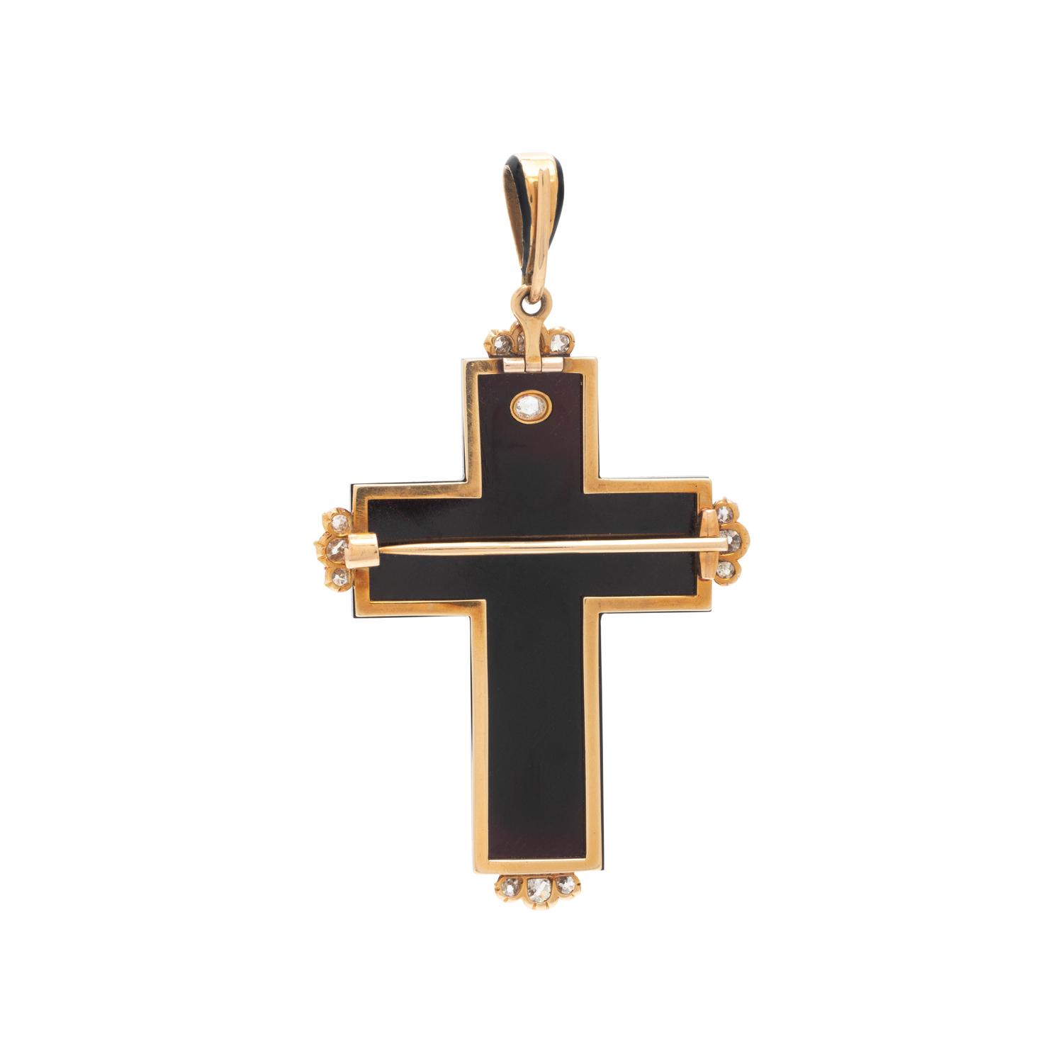 VICTORIAN, ONYX CAMEO AND DIAMOND CROSS PENDANT/BROOCH