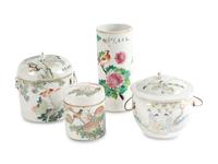 Three Famille Rose Porcelain Covered Jars and A Famille Rose Porcelain Hat Holder