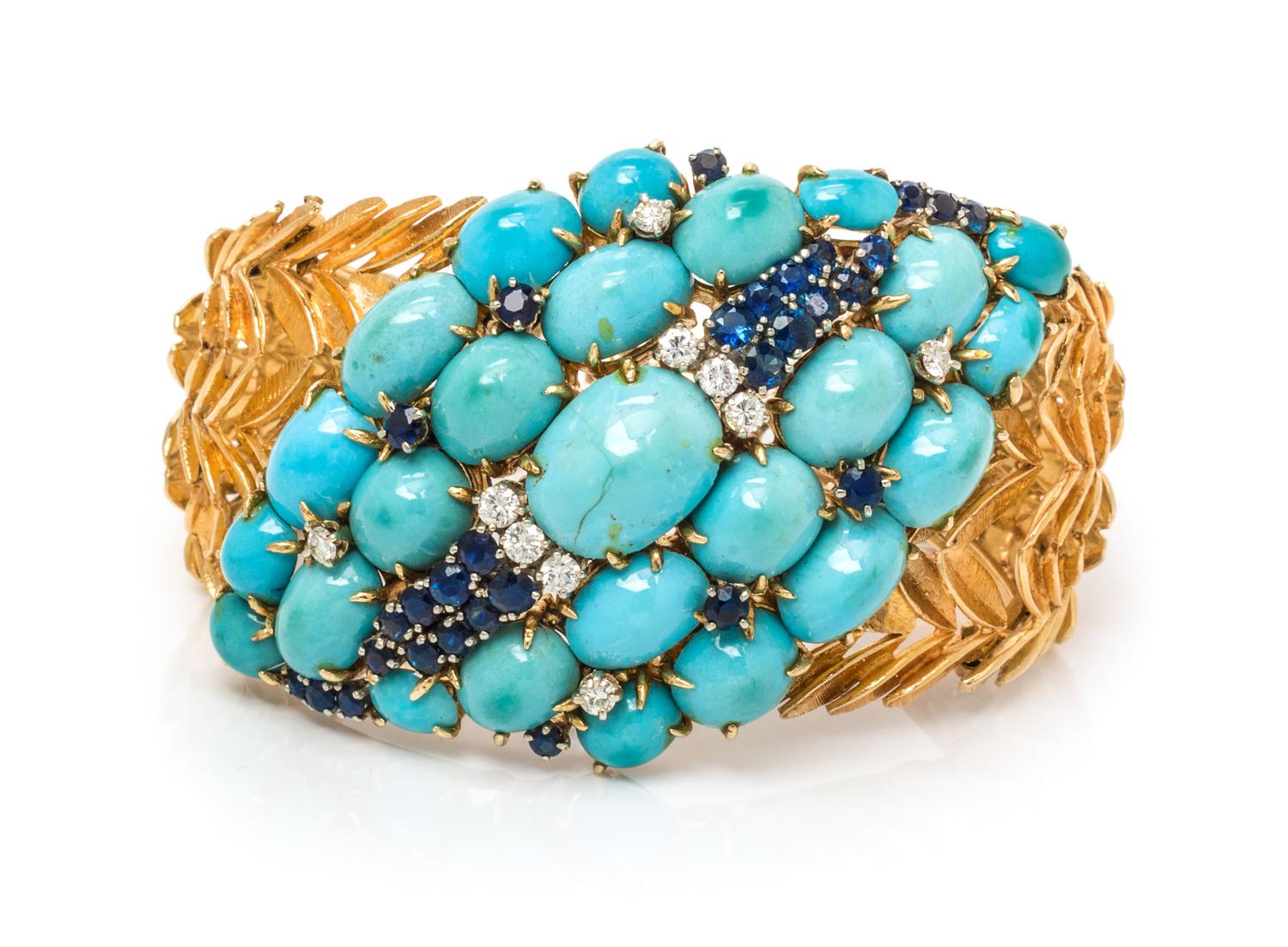 An 18 Karat Yellow Gold, Turquoise, Sapphire and Diamond Bracelet, 44.00 dwts.