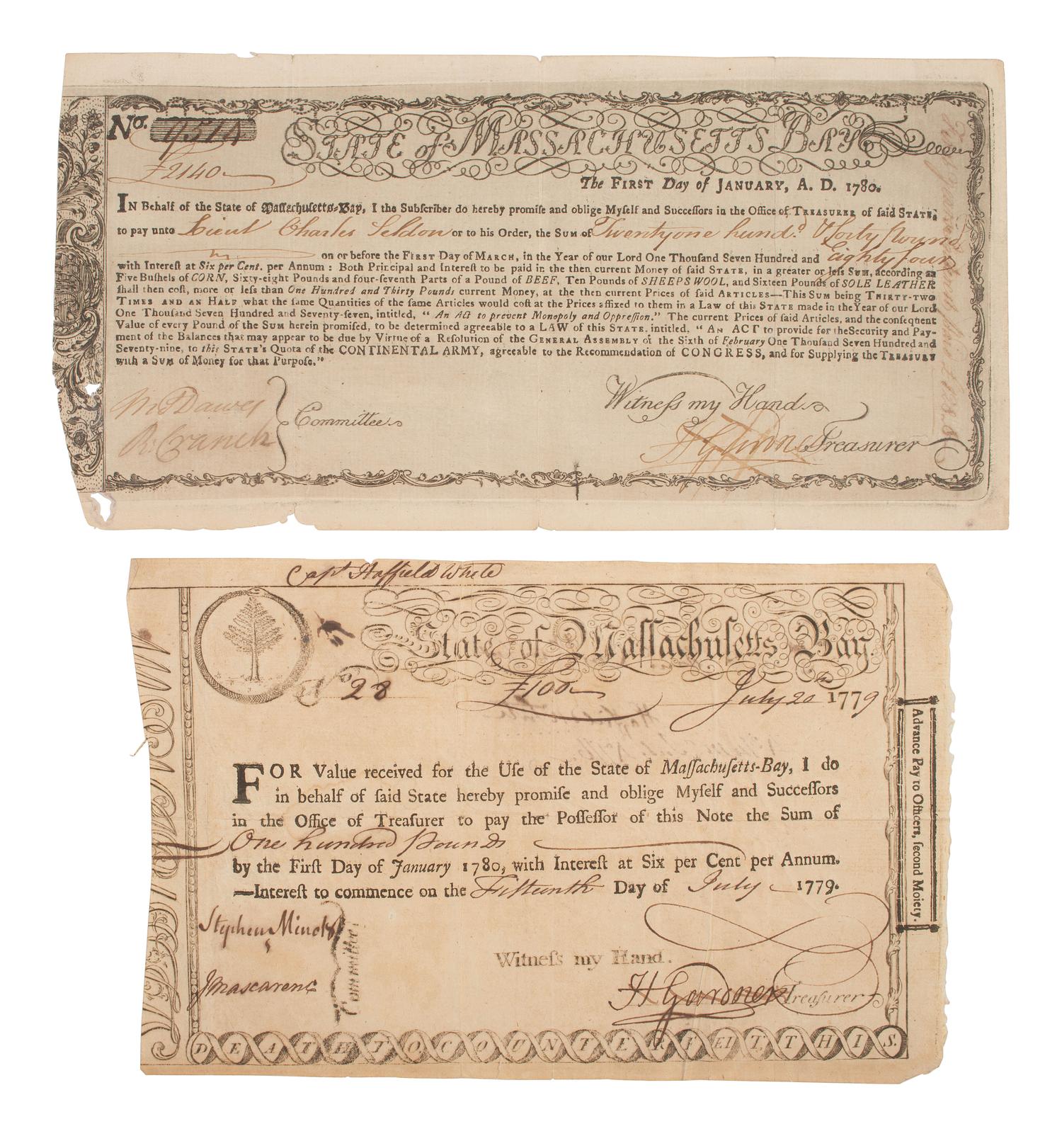 [REVOLUTIONARY WAR]. Group of 2 State of Massachusetts Bay items, comprising a 1780 Continental Army Commodity Bond and a 1779 "Pine Tree" emblem Treasury Loan Certificate.