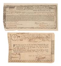 [REVOLUTIONARY WAR]. Group of 2 State of Massachusetts Bay items, comprising a 1780 Continental Army Commodity Bond and a 1779 "Pine Tree" emblem Treasury Loan Certificate.
