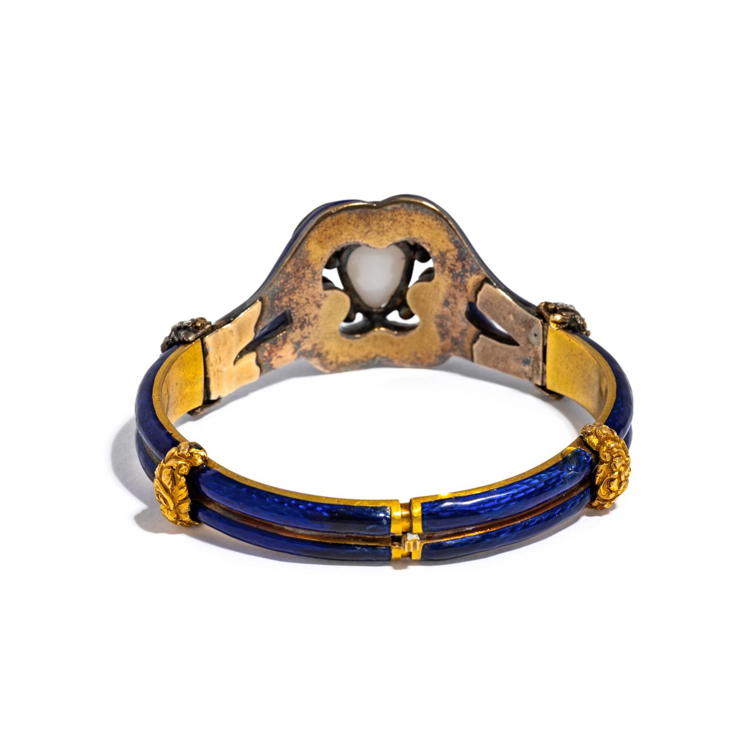 ANTIQUE, YELLOW GOLD, ENAMEL, DIAMOND AND OPAL BANGLE BRACELET