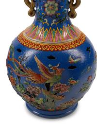 A Pair of Chinese Pierce Carved and Enameled Porcelain Two-Part Vases