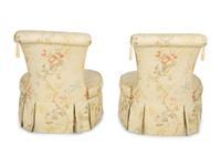 A Pair of Slipper Chairs with Scalamandré Meissen Magnolia Silk Lampas Pattern Upholstery