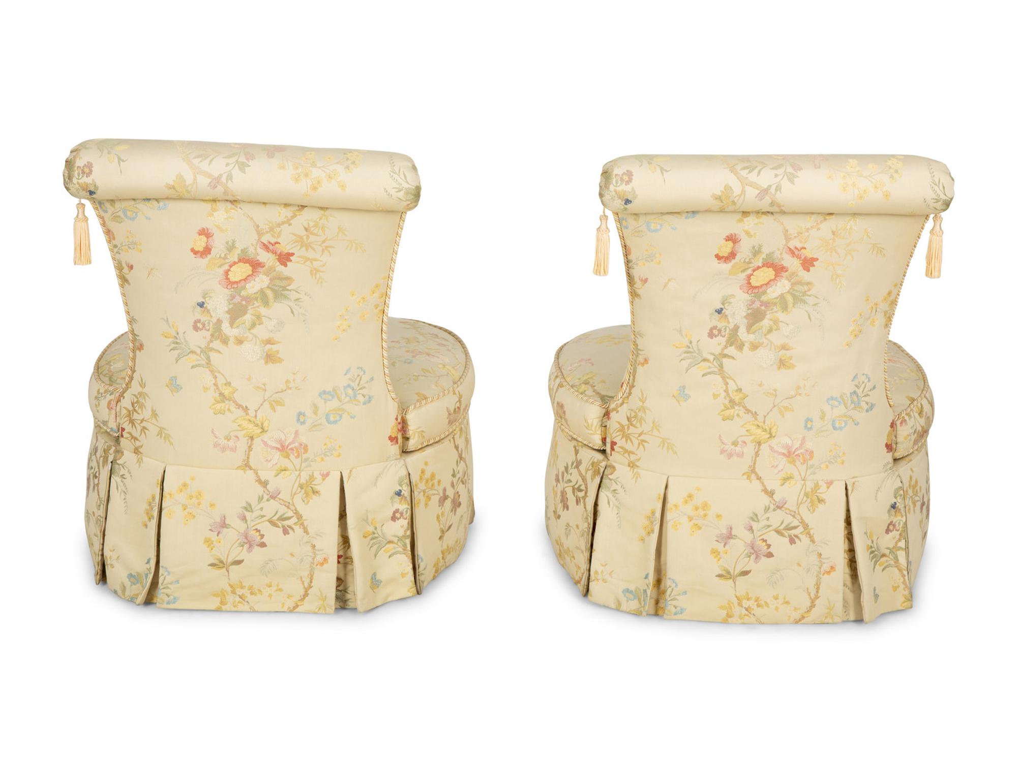 A Pair of Slipper Chairs with Scalamandré Meissen Magnolia Silk Lampas Pattern Upholstery