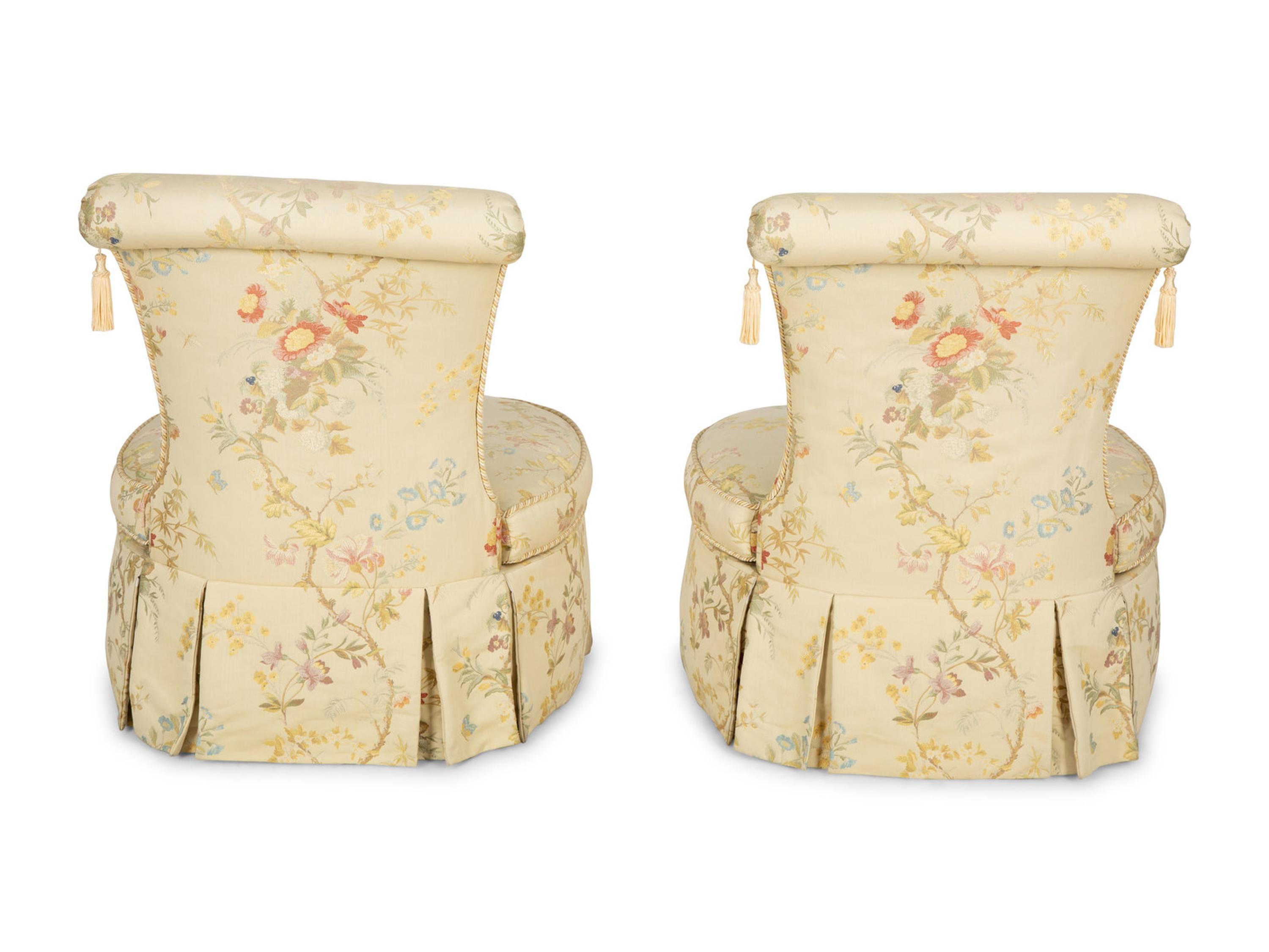 A Pair of Slipper Chairs with Scalamandré Meissen Magnolia Silk Lampas Pattern Upholstery