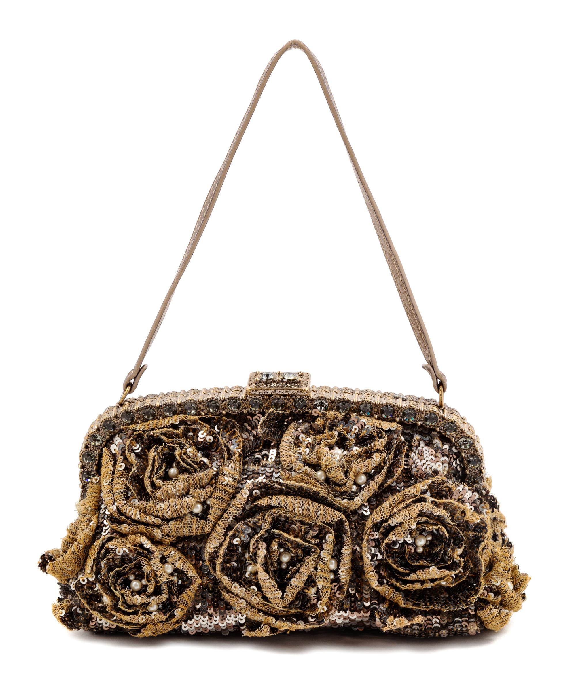 A Valentino Taupe Rosette and Sequin Evening Bag, 4.5" H x 8" W x 4.75" D; Strap drop: 5.5".
