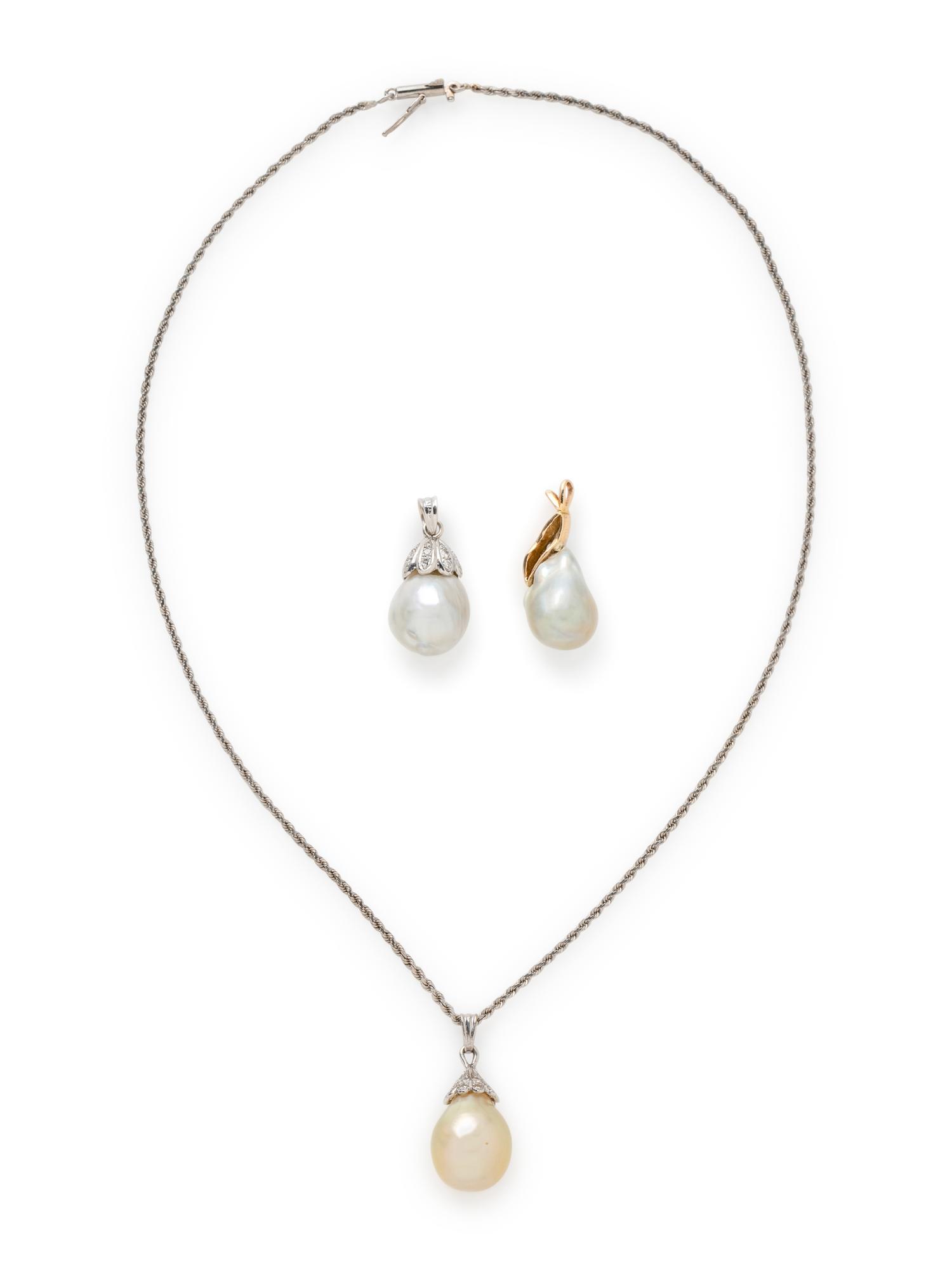 COLLECTION OF CULTURED PEARL AND DIAMOND PENDANTS AND CHAIN