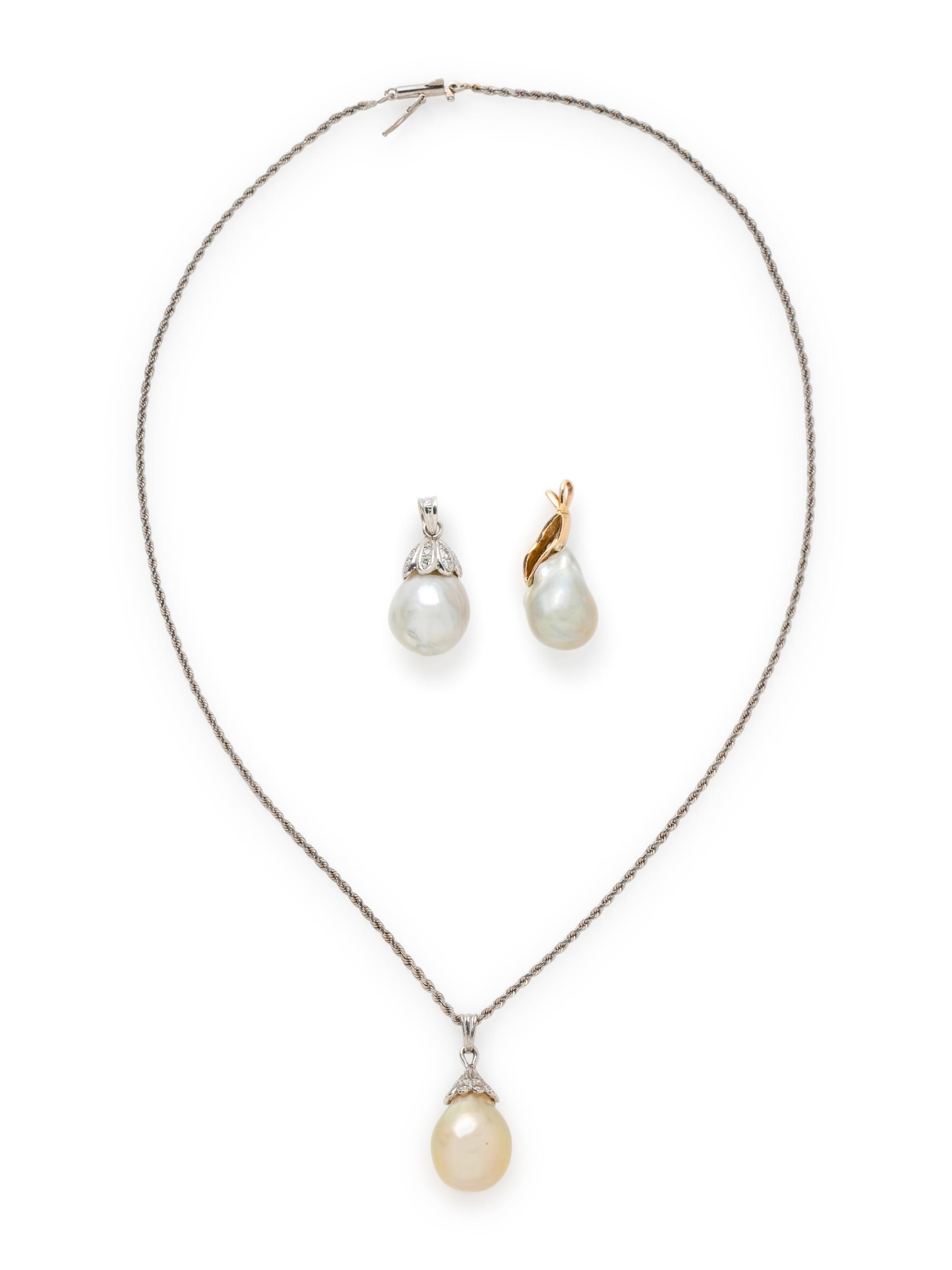 COLLECTION OF CULTURED PEARL AND DIAMOND PENDANTS AND CHAIN