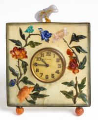 A Chinese Hardstone Table Clock Height 6 1/2 inches. — CIRCA 1920s, THE MOVEMENT FRENCH