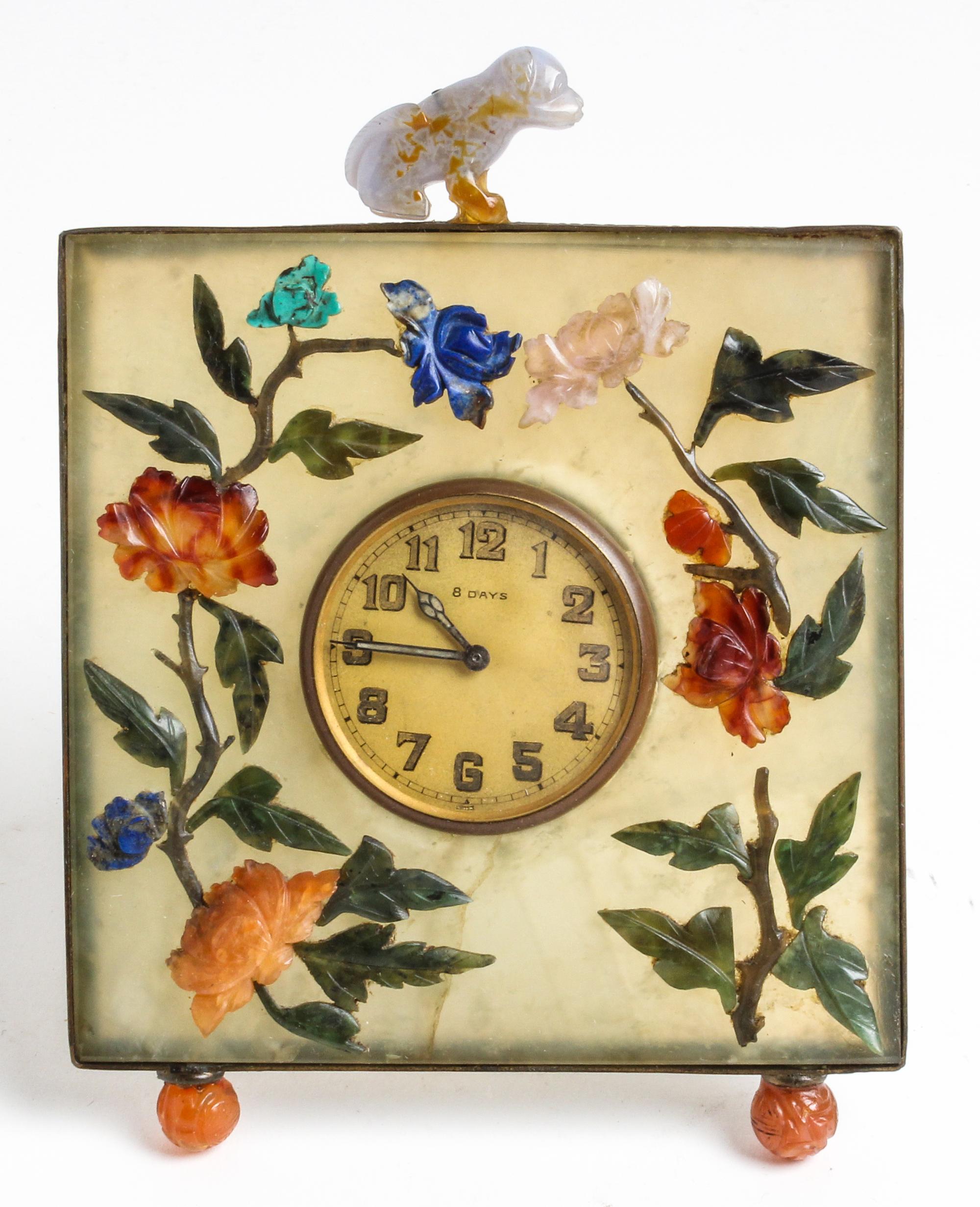 A Chinese Hardstone Table Clock Height 6 1/2 inches. — CIRCA 1920s, THE MOVEMENT FRENCH