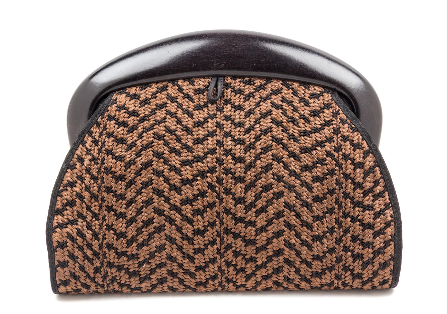 A De Vecchi Brown and Black Woven Clutch, 12 x 9.5 x 2 inches.