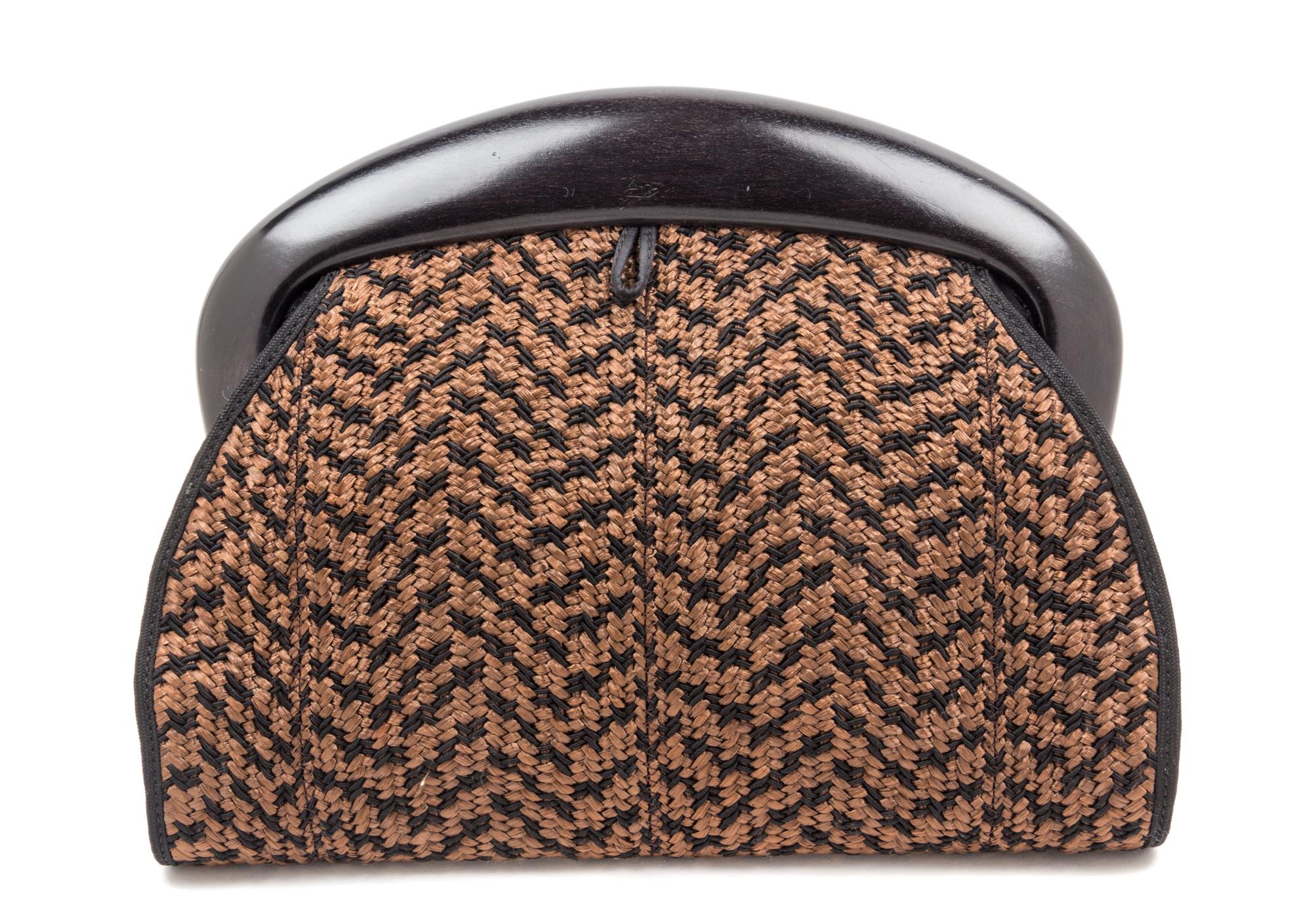 A De Vecchi Brown and Black Woven Clutch, 12 x 9.5 x 2 inches.