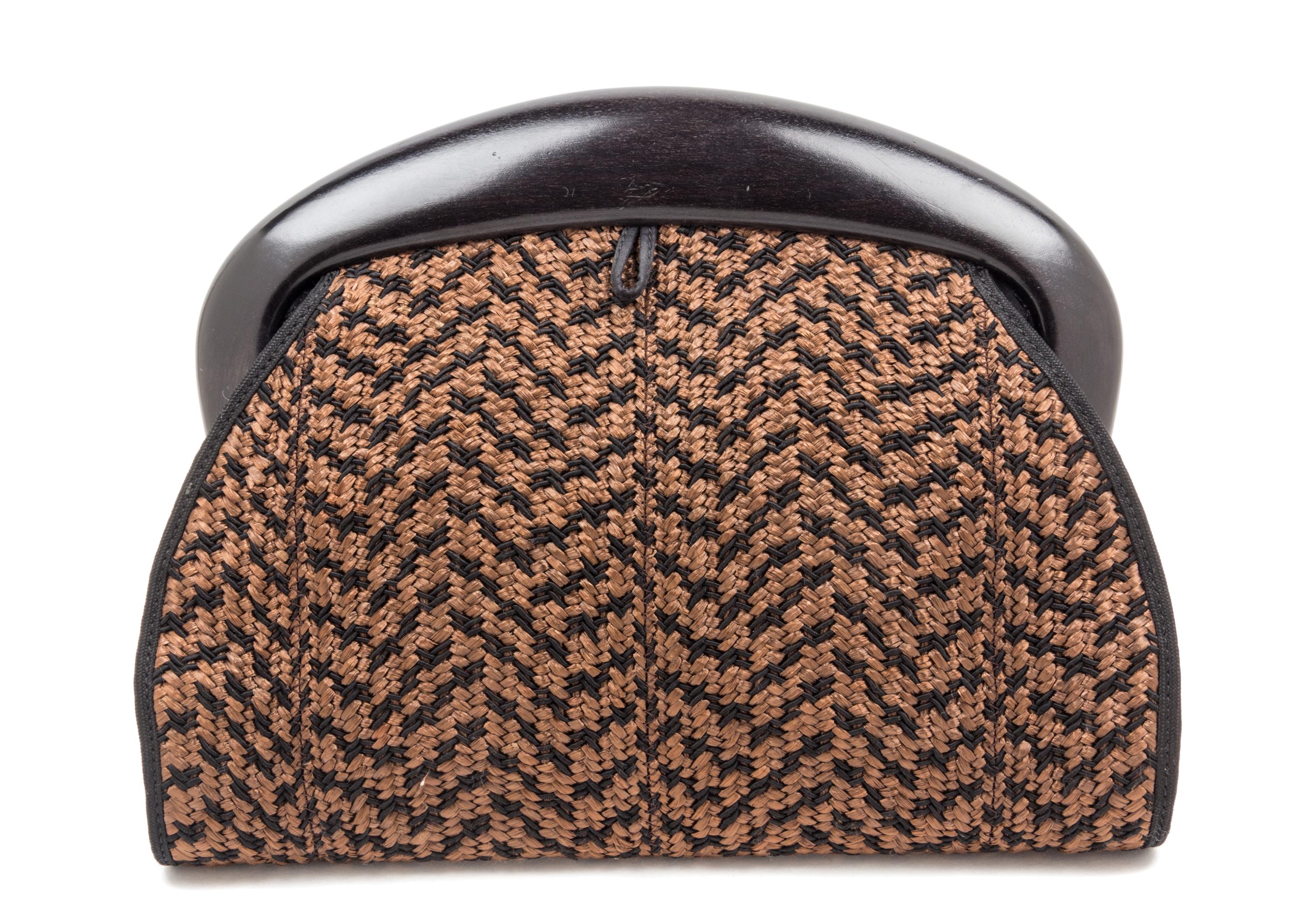 A De Vecchi Brown and Black Woven Clutch, 12 x 9.5 x 2 inches.