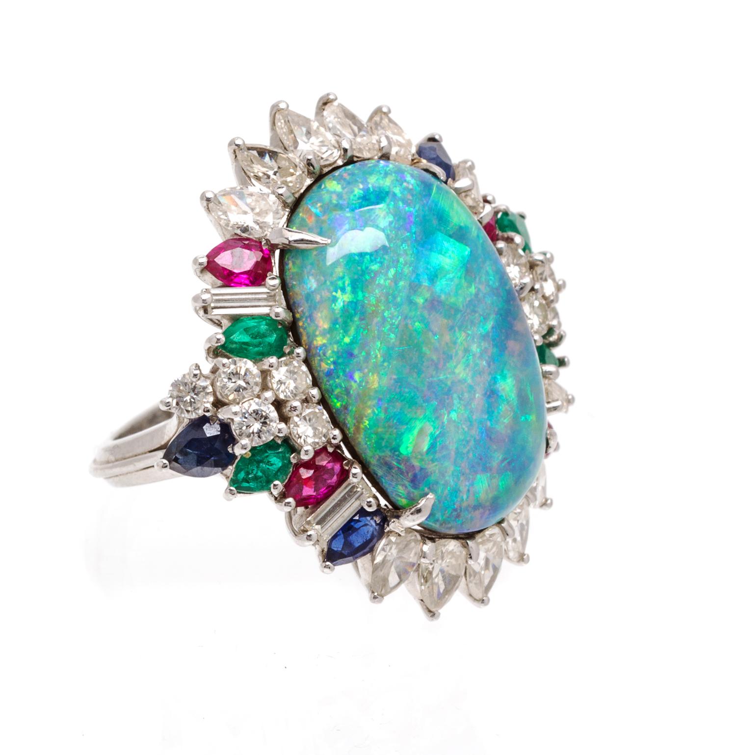 A Platinum, Boulder Opal, Diamond and Multi Gem Ring, 9.30 dwts.