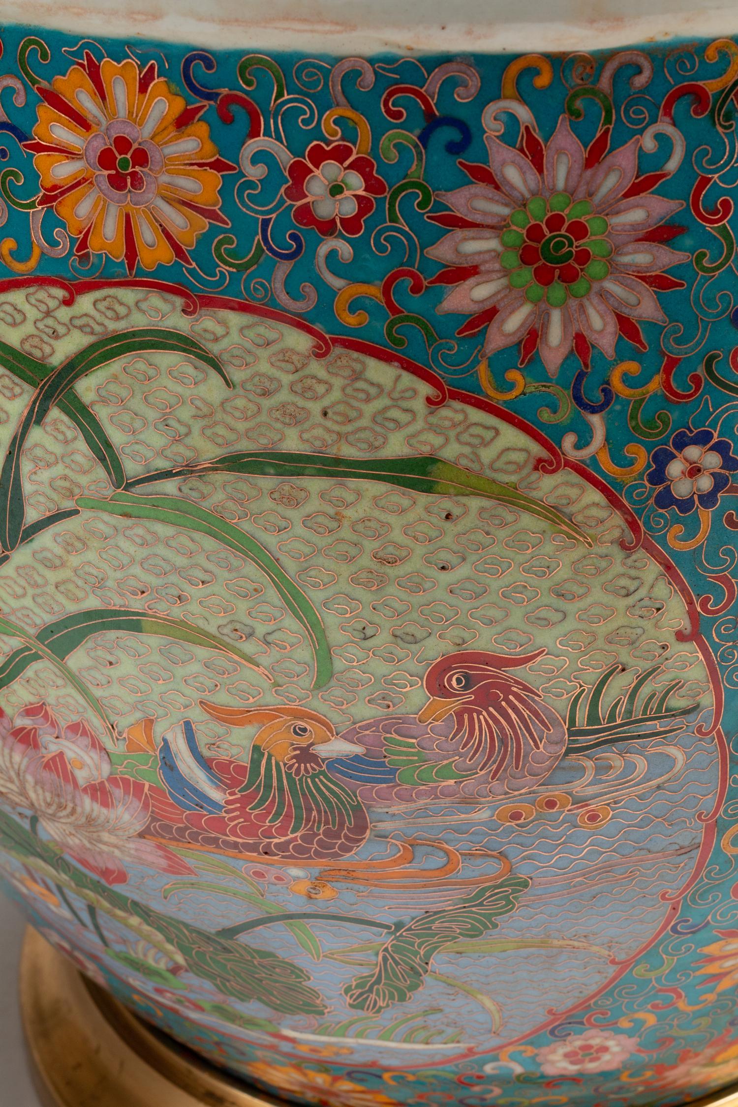 A Pair of Chinese Export Cloisonné-over-Porcelain Jardinières with Gilt Bronze Bases
